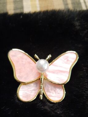 Gold Butterfly Pin with Pink Enamel and Pearl Accent